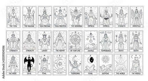 Tableau sur toile Tarot cards with various symbolic figures.