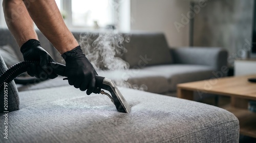Professional cleaner sanitizing a gray fabric sofa using high pressure steam vacuum equipment in a modern living room