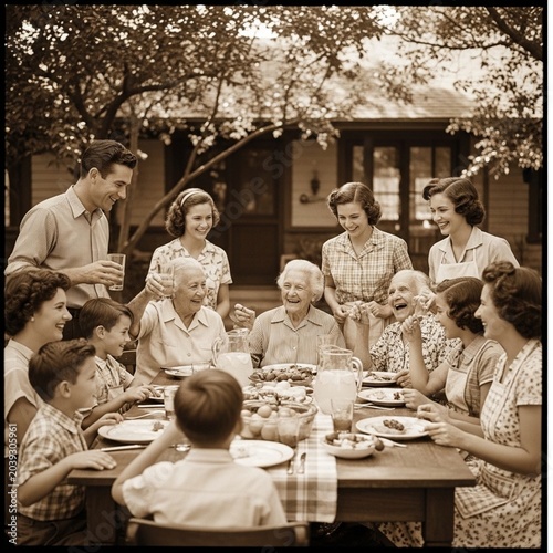 Vintage Family Dinner Gathering in Warm Sepia Tone Around Wooden Table