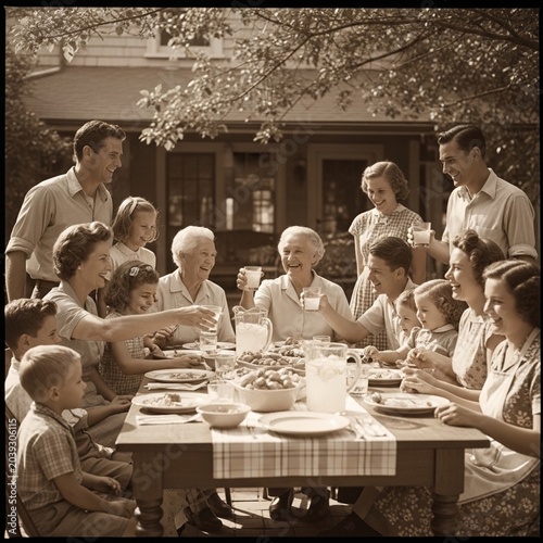 Large Family Gathering at Dinner Table in Vintage Sepia Home Setting