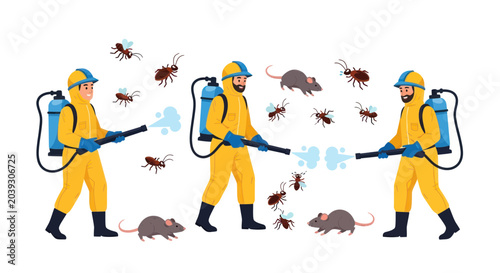 Fotografía Pest control workers in yellow suits.