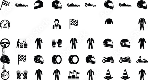 Motor Racing and Motorsport Icon Set with Racing Helmets, Checkered Flags, Speedometers, Drivers, and Vehicles for Sports Graphics and Games