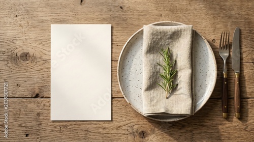 Elegant rustic dinner table setting featuring a blank white menu card, ceramic plate, linen napkin, and fresh rosemary sprig on a wooden surface.