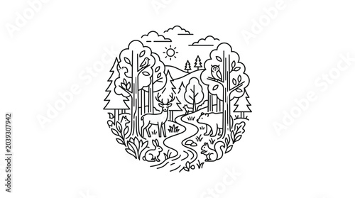Circular forest emblem with deer bear owl and river.