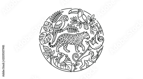 Circular jungle wildlife collage with animals and plants.