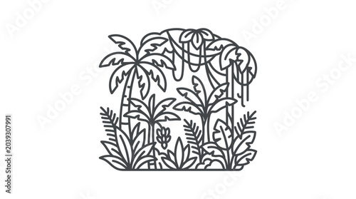 Tropical rainforest scene with palm trees and jungle vines.