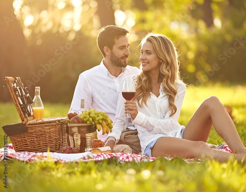 Couple enjoying romantic picnic outdoors together.