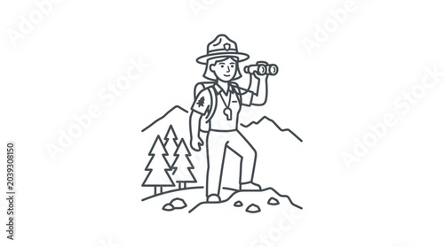 Park ranger looking through binoculars on mountain summit illustration.