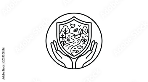 Shield icon protecting a river landscape and forest wildlife.