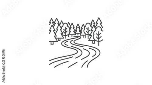 Winding river flowing through a pine forest line art.
