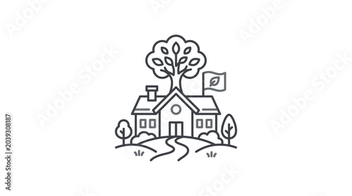 Sustainable school building with large tree and leaf flag icon.