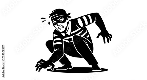Foto Cartoon Thief in Mask and Striped Shirt Crouching, Looking Guilty