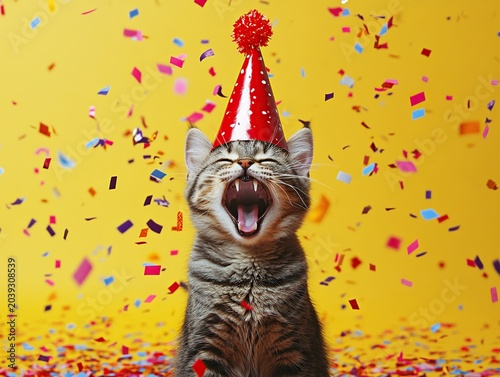 Adorable domestic cat celebrating birthday party. Red party cone on pet head and falling confetti dots.