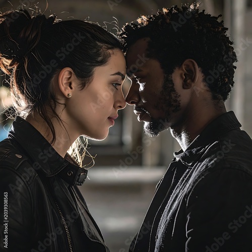 Couple faces close together profile.