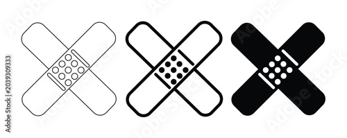 Medical adhesive bandage icon set, crossed plaster strip vector, first aid patch symbols