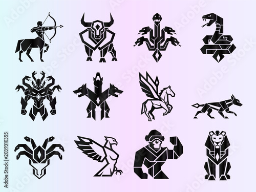 Geometric Mythological Creatures and Animal Icons Vector Set