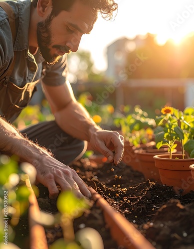 Man plants seeds at sunset