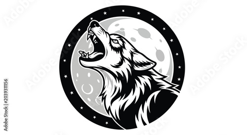 Bild auf Leinwand Howling Wolf Silhouette Against Full Moon Emblem.