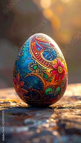 Decorative Easter egg on wooden surface.
