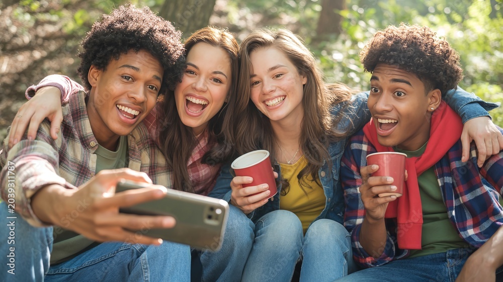 Fototapeta premium Four joyful young friends taking a selfie together outdoors with drinks