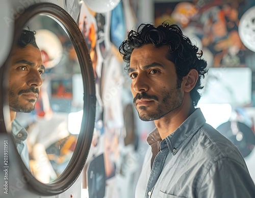 Man looks in mirror