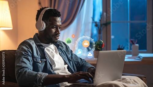 Man on laptop, night