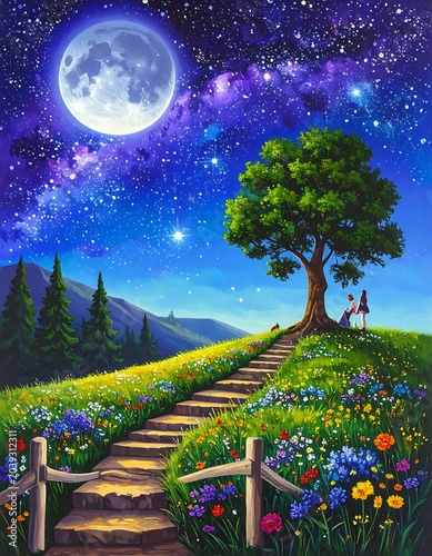 Couple walking under starry night sky.