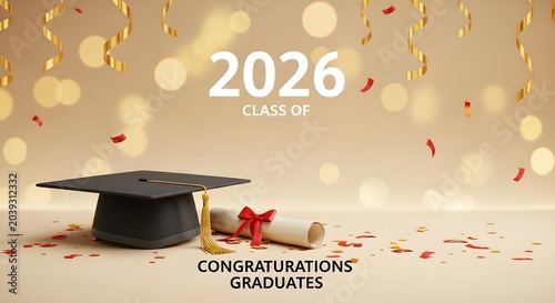 Congratulations Graduates Class of 2026 Black Mortarboard Cap with Diploma Scroll Red Bow Confetti and Gold Streamers on Beige Bokeh Background