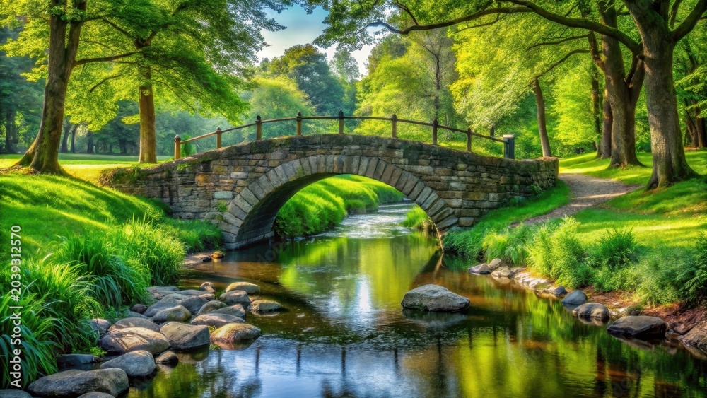 Naklejka premium Stone bridge crossing tranquil stream in lush green park