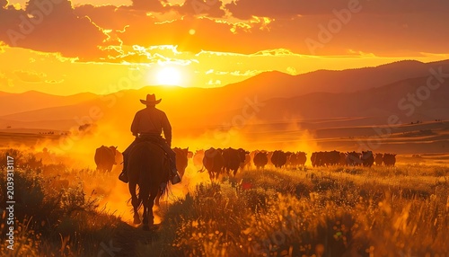 Cowboy Riding Horse Sunset Rural Landscape.