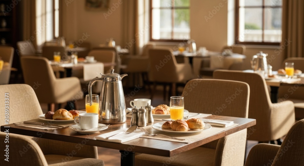 Fototapeta premium Sunny cafe scene of breakfast tables set for service, empty