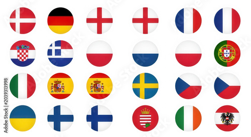 Set of round pixel art country flags of european nations isolated on transparent background