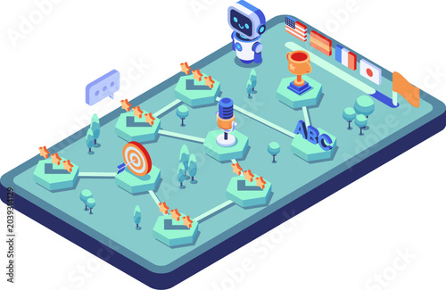 Isometric Language Learning App with AI Robot and Gamified Path