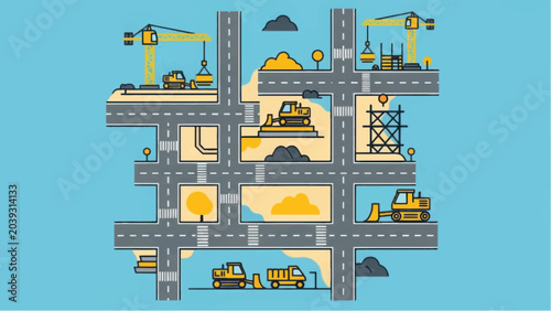 Flat Illustration of City Construction Site Grid. Urban Development, Road Infrastructure Planning, Heavy Machinery, and Building Process Vector Map.