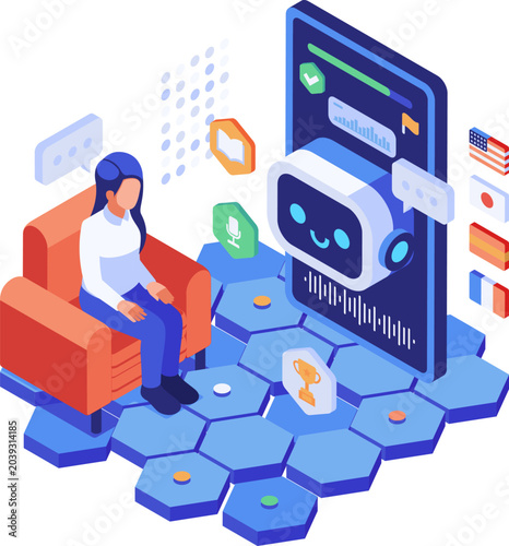 Isometric Woman Learning Language with Ai Chatbot Tutor