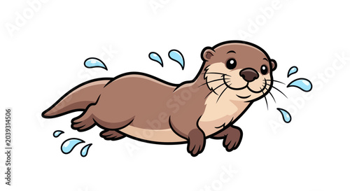 Fotografie Cartoon Otter Swimming in Water Droplets.