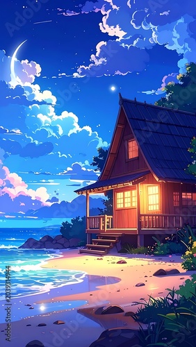 Cozy Beach House at Night Time.