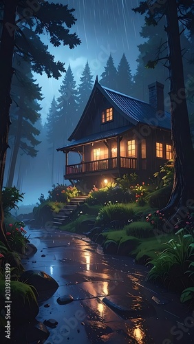 Cozy cabin in the woods at night.