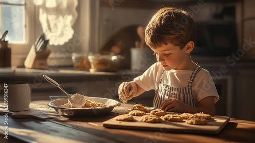Little boy baking homemade cookies on a wooden table in sunny kitchen. Cute child sprinkling flour or sugar on fresh biscuits.