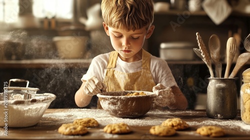Little boy baking homemade cookies on a wooden table in sunny kitchen. Cute child sprinkling flour or sugar on fresh biscuits.