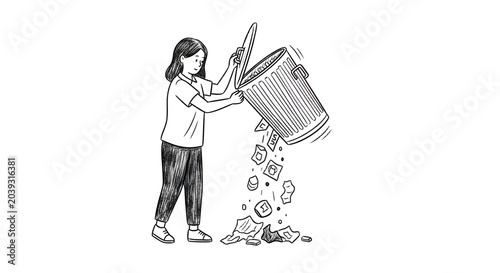 Young girl disposing of waste in trash can illustration.