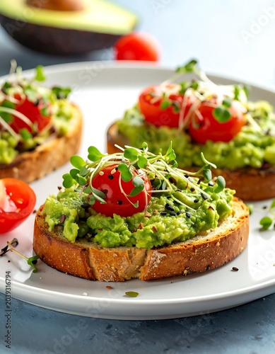 Delicious avocado toast with cherry tomatoes.