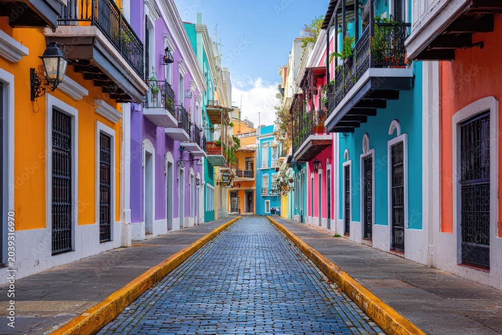 Fototapeta premium Vibrant street lined with colorful buildings. Cobblestone road leads to horizon under blue sky