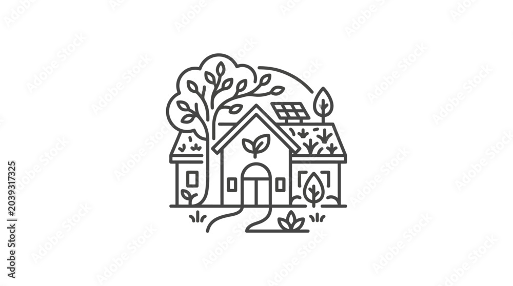 Naklejka premium Eco friendly house icon with solar panels and garden.