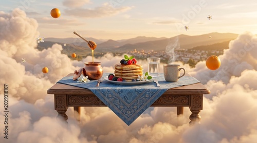 Surreal floating breakfast of pancakes and fruit above clouds at sunrise.