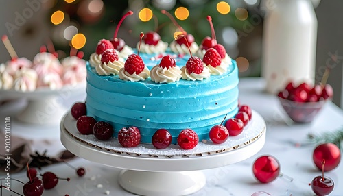 Delicious blue cake with raspberries and cream.