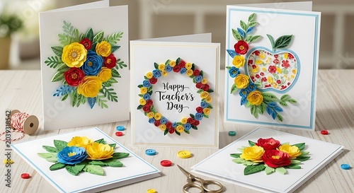 Colorful handmade teachers day cards with flowers and apple design