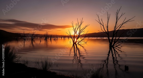 Golden hour sunset reflecting on calm lake with bare tree silhouettes