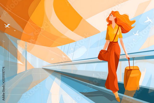 modern vector business trip illustration. A young woman with a suitcase walking by the moving walkway in the airport.