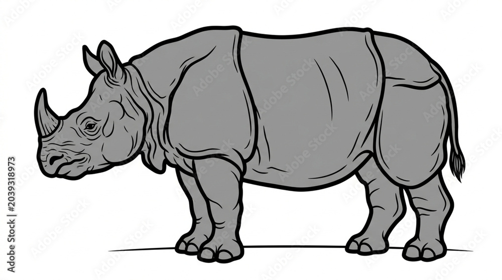 Fototapeta premium Striking black and white illustration of a robust rhinoceros standing in profile, highlighting its iconic horn and thick skin, symbolizing strength in the wild